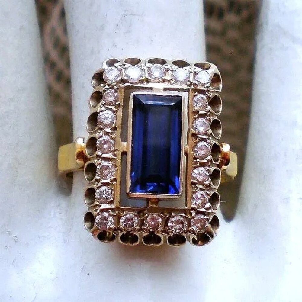 Vintage Russian USSR 18K 750 Yellow White Gold Sapphire Diamond Cluster Ring
